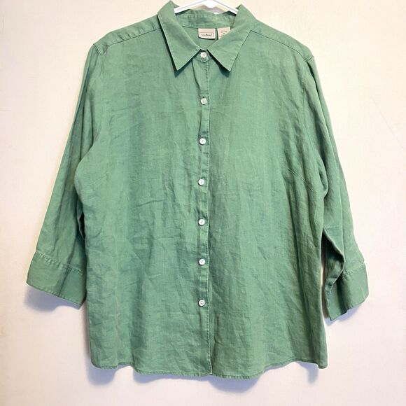 L L Bean Women’s Green Linen Button Down Casual 3/4 Sleeve Shirt Size XL - Picture 1 of 4